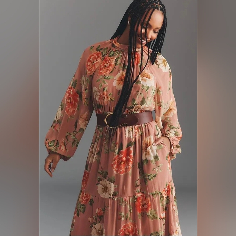 Anthropologie Somerset Long Sleeve Mock Neck Chiffon Pink Floral Maxi Dress - Picture 6 of 16
